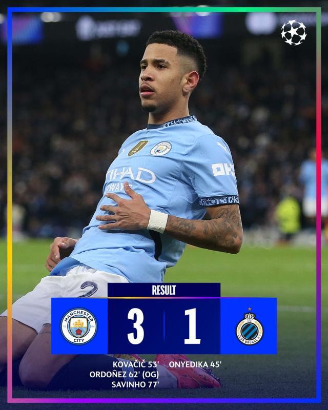 【欧冠】曼城3比1逆转布鲁日成功晋级，科瓦契奇破门